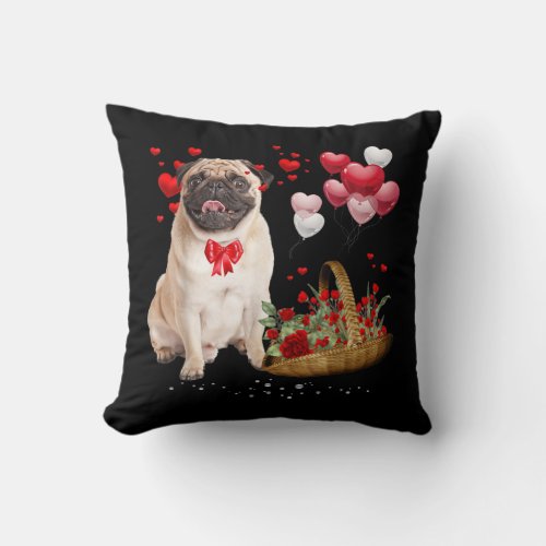 Cute Pug Dog Balloon Heart Valentines Day Throw Pillow