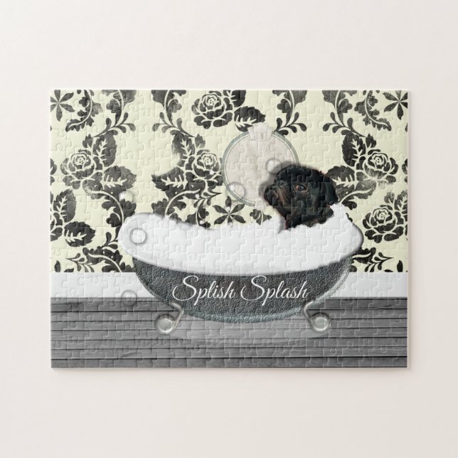 Cute Pug Dog Bath Time Splish Splash Fun Jigsaw Puzzle (Horizontal)