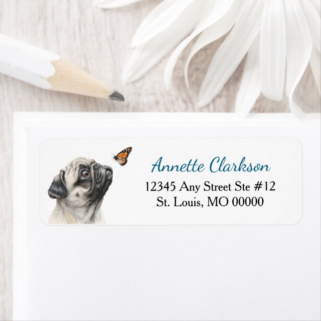 Cute Pug Dog Butterfly Wonder Return Address Label (Insitu)