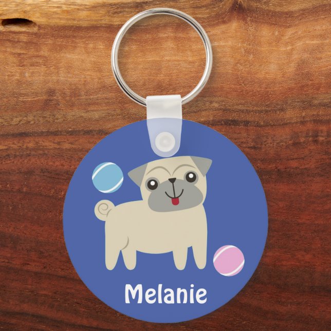 Cute Pug Dog Cartoon Personalised Keychain (Front)