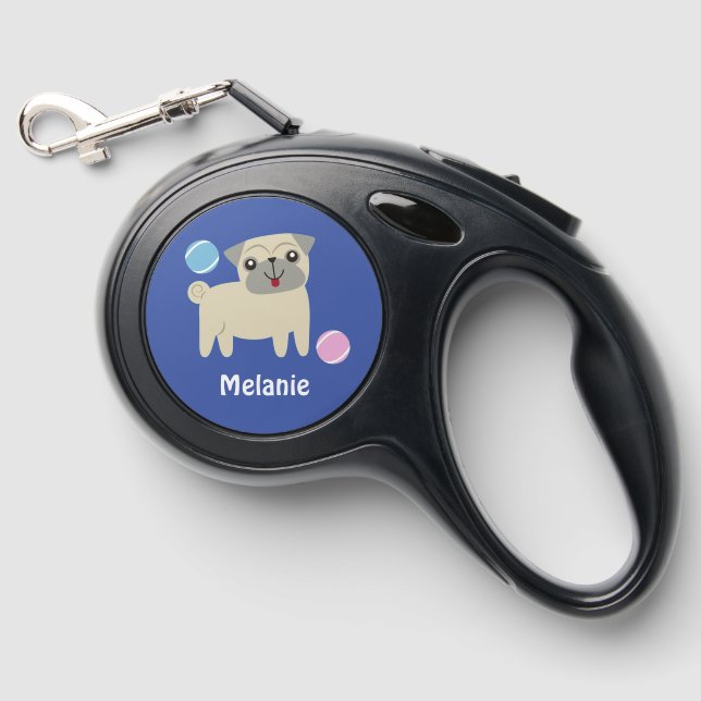 Cute Pug Dog Cartoon Personalised Retractable Pet Leash (Front)
