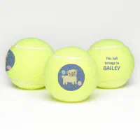 Cute Pug Dog Cartoon Personalised Tennis Balls