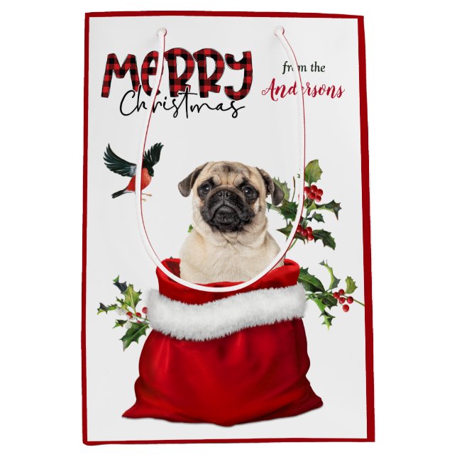 Cute Pug Dog Christmas Medium Gift Bag (Front)