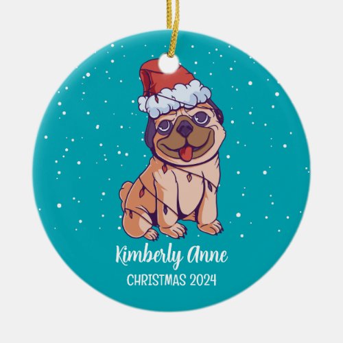 Cute Pug Dog Christmas Puppy Snowy Winter Holiday Ceramic Ornament