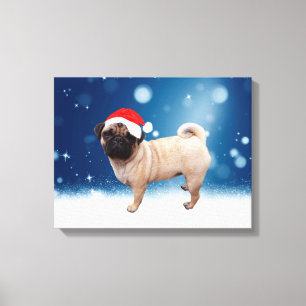 Cute Pug Dog Christmas Santa Hat Snow Stars Canvas Print