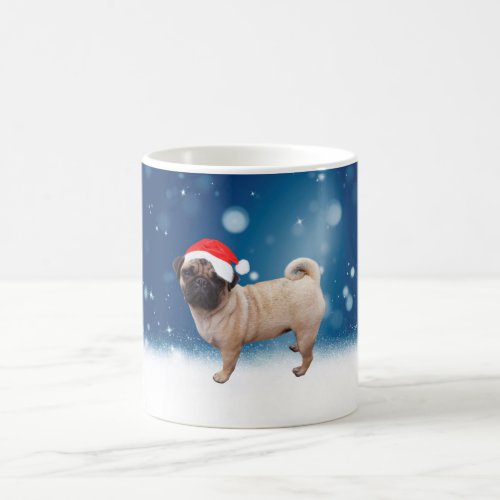 Cute Pug Dog Christmas Santa Hat Snow Stars Coffee Mug