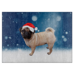 Cute Pug Dog Christmas Santa Hat Snow Stars Cutting Board