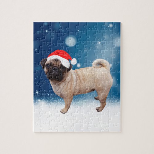 Cute Pug Dog Christmas Santa Hat Snow Stars Jigsaw Puzzle