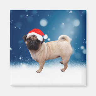 Cute Pug Dog Christmas Santa Hat Snow Stars Magnet