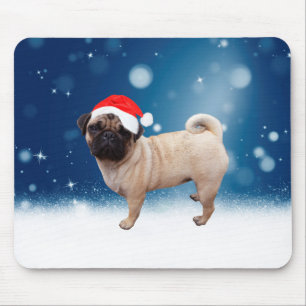 Cute Pug Dog Christmas Santa Hat Snow Stars Mouse Pad