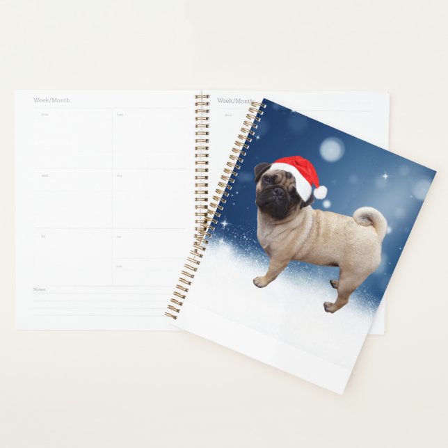 Cute Pug Dog Christmas Santa Hat Snow Stars Planner (Display)