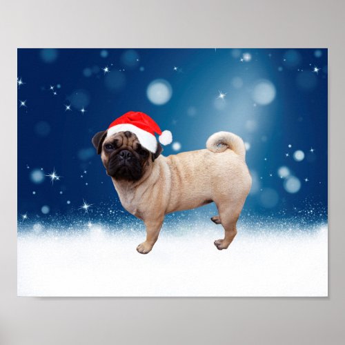 Cute Pug Dog Christmas Santa Hat Snow Stars Poster