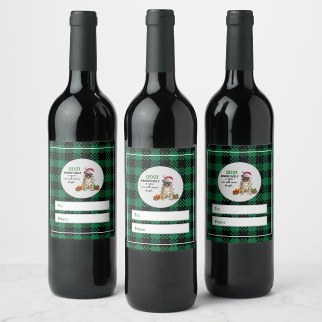 Cute Pug Dog COVID Christmas Holiday Lights Wine Label (Bottles)