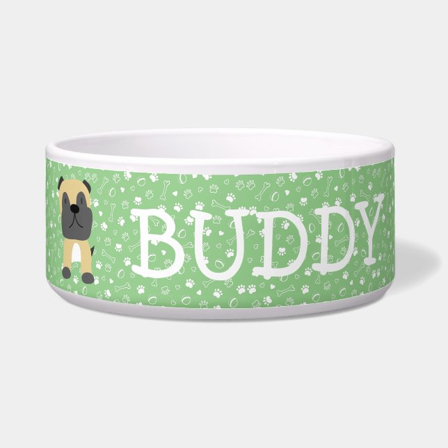 Cute Pug Dog Customizable Name Bowl (Front)