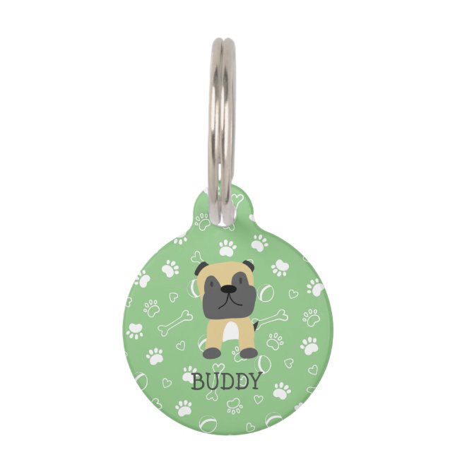 Cute Pug Dog Customizable Name Pet ID Tag (Front)