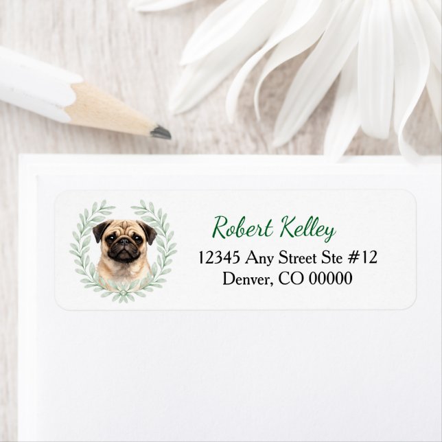 Cute Pug Dog Eucalyptus Leaf Wreath Label (Insitu)