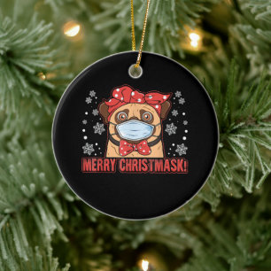 Cute Pug Dog Face Mask Merry Christmas Ceramic Ornament