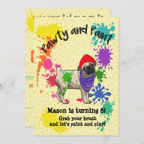 Cute Pug Dog Fun Art Birthday Party Invitation