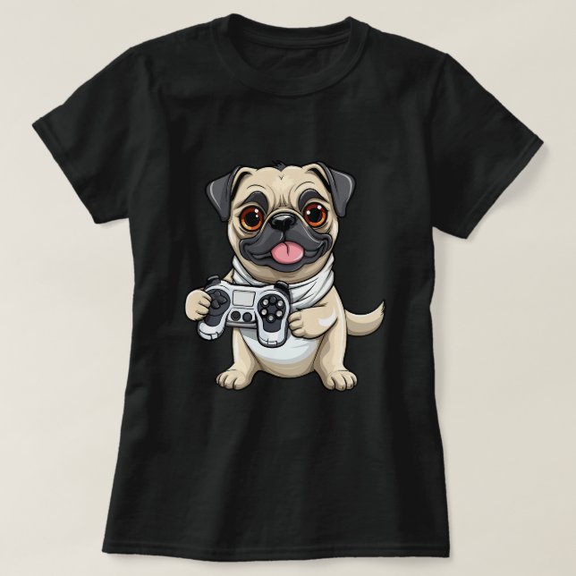 Cute Pug Dog Gamer Funny Gaming Pug Dog Lover Anim T-Shirt (Design Front)