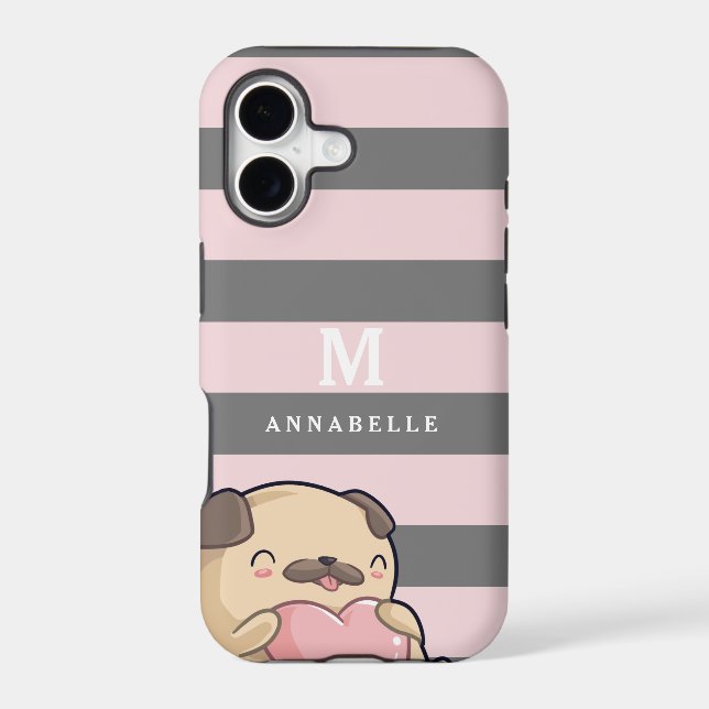 Cute Pug Dog Heart & Striped Pattern Monogram Iphone Case (Back)