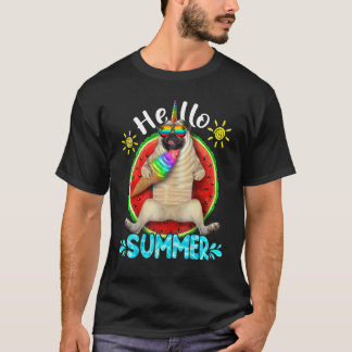 Cute Pug Dog Hello Summer Summer Vacation Dog T-Shirt