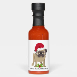 Cute Pug Dog in Christmas Santa Hat. Hot Sauces