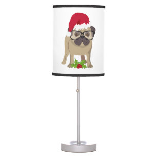 Cute Pug Dog in Christmas Santa Hat.   Table Lamp