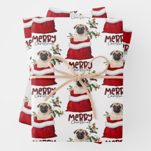 Cute Pug Dog in Holiday Gift Bag Wrapping Paper Sheets