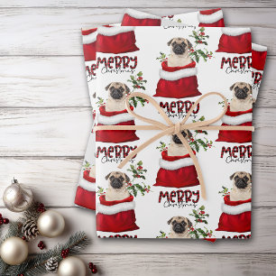 Cute Pug Dog in Holiday Gift Bag Wrapping Paper Sheets