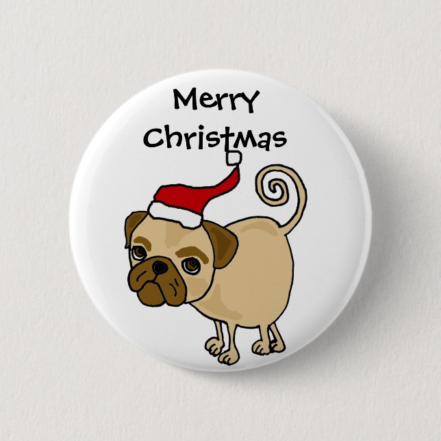 Cute Pug Dog in Santa Hat Christmas Art Button (Front)