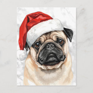 Cute Pug Dog in Santa Hat Watercolor Christmas Holiday Postcard