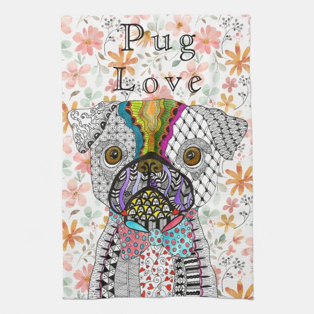 Cute Pug Dog Love Kitchen Towel (Vertical)