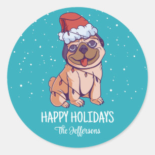 Cute Pug Dog Lover Christmas Snowy Winter Holiday Classic Round Sticker