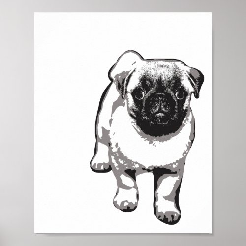 Cute Pug Dog Modern Art Poster Black  White