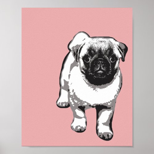 Cute Pug Dog Modern Art Poster Pink Black  White