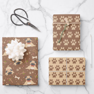 Cute Pug Dog Paws Wrapping Paper Set of 3