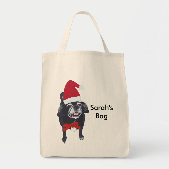 Cute Pug Dog Personalized Christmas Tote Bags (Front)