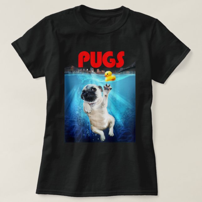 Cute Pug Dog Playing with Rubber Duck Toy at New Y T-Shirt (Design Front)