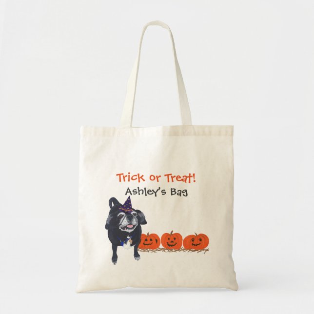 Cute Pug Dog Pumpkins Trick or Treat Halloween Bag (Front)