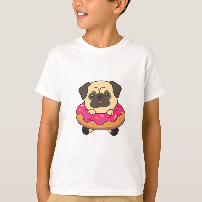 Cute Pug Dog Puppy Dogs Loaf Of Donut Pink T-Shirt (Front)