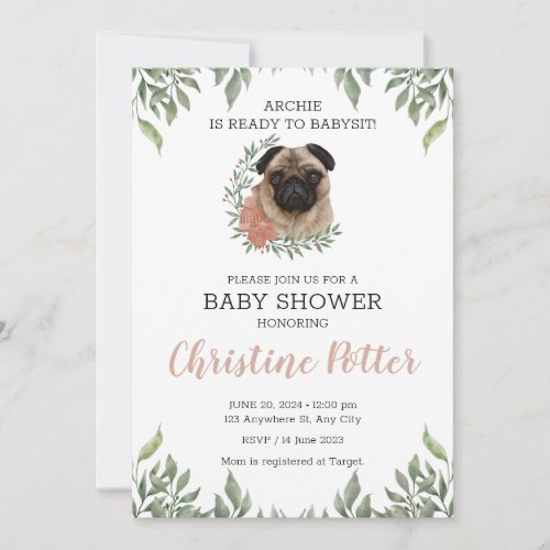 Cute Pug Dog Puppy Greenery Boy Baby Shower Invita Invitation