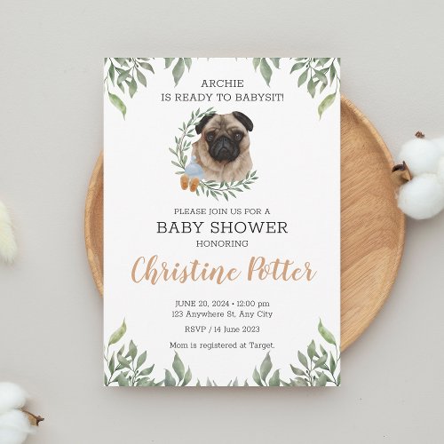 Cute Pug Dog Puppy Greenery Boy Baby Shower Invitation