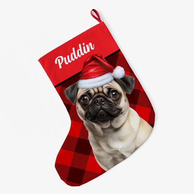 Cute Pug Dog Red Buffalo Plaid Custom Large Christmas Stocking (Back (Hanging))