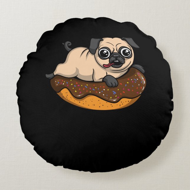 Cute Pug Dog Riding Donut Funny Pet Round Pillow (Front)
