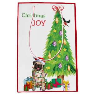 Cute Pug Dog Santa Hat and Christmas Tree Medium Gift Bag