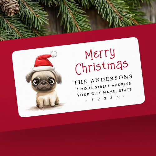 Cute pug dog Santa hat Christmas return address Label