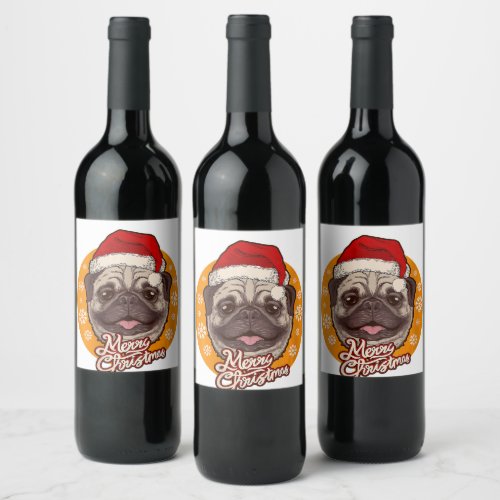 Cute Pug Dog Santa Hat With Snowflakes Christmas   Wine Label