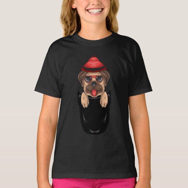 Cute Pug Dog Sits in Pocket Girl T-Shirt (Front)