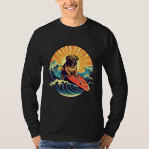 Cute Pug Dog Surfing Japanese Great Waves Surf Boa T-Shirt