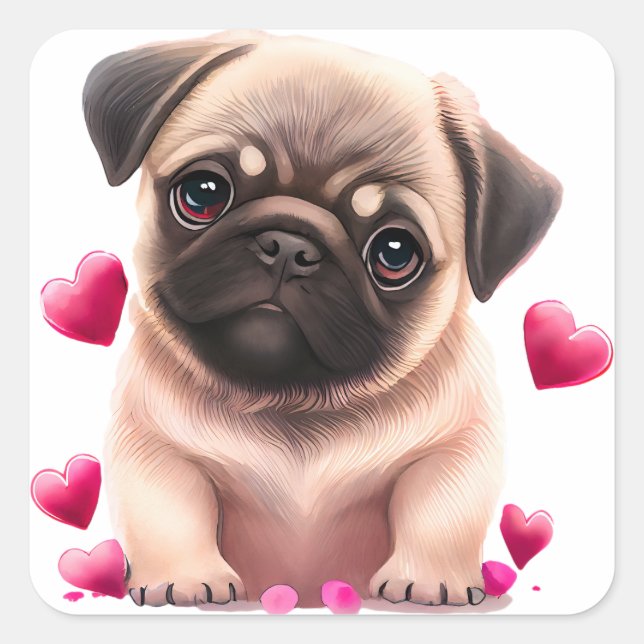 Cute Pug Dog Valentine  Square Sticker (Front)